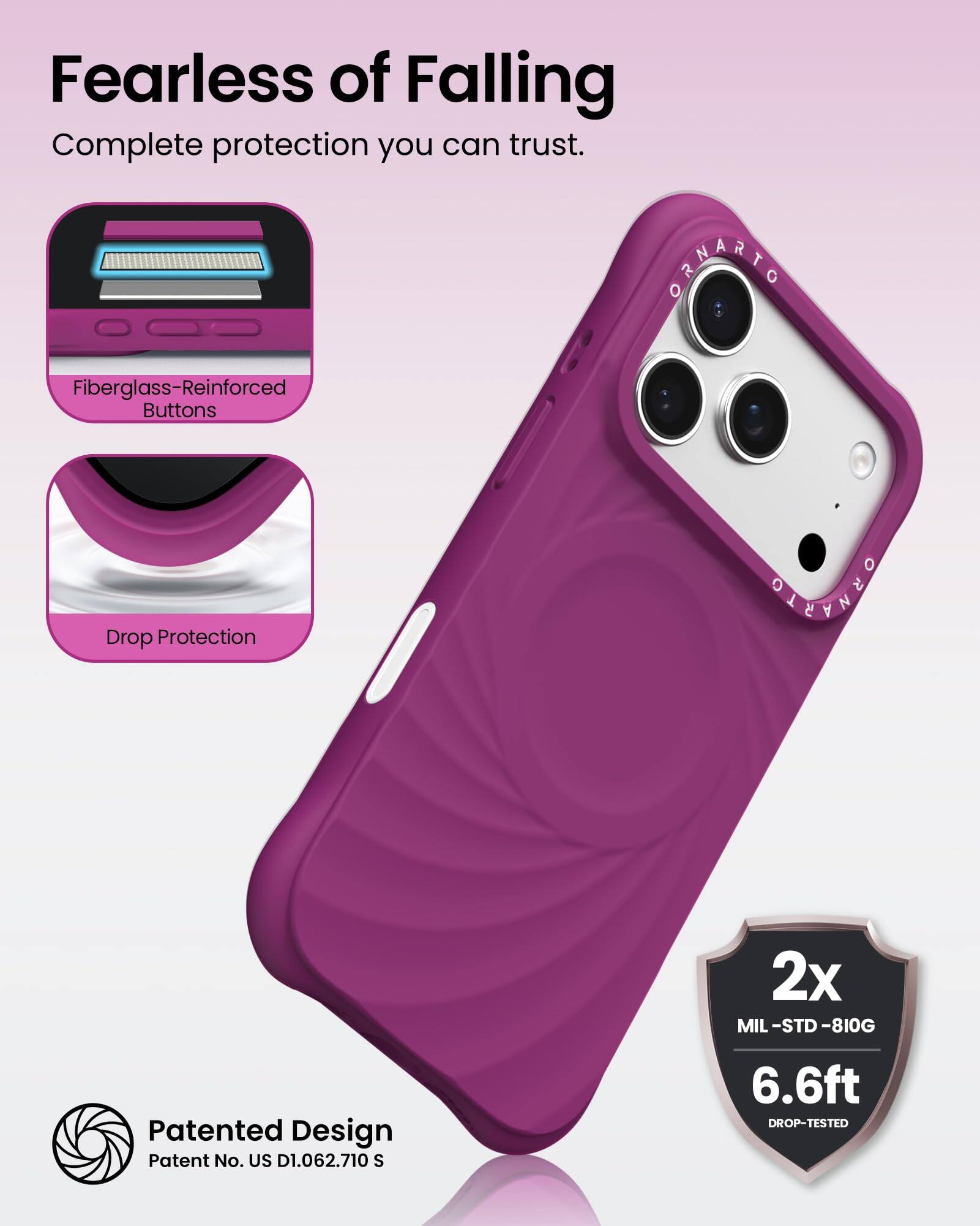 Fearless of Falling  
Complete protection you can trust.

- Fiberglass-Reinforced Buttons
- Drop Protection

Patented Design  
Patent No. US D1.062.710 S

2x MIL-STD-810G  
6.6ft DROP-TESTED