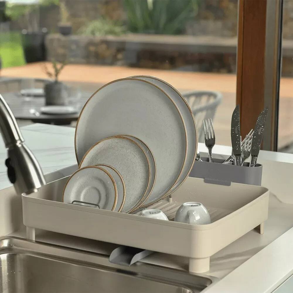 Alt View 3. OU - Sink Organizer Set, Dish Rack with Drain Spout & 19 oz Soap Dispenser with Extended Sponge Holder - Beige.