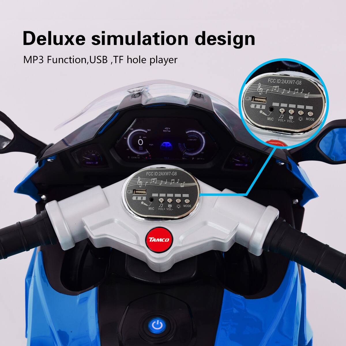 Deluxe simulation design  
MP3 Function, USB, TF hole player  

FCC ID:2AXW7-G8  
MIC VOL+ VOL- MODE  

TAMCO