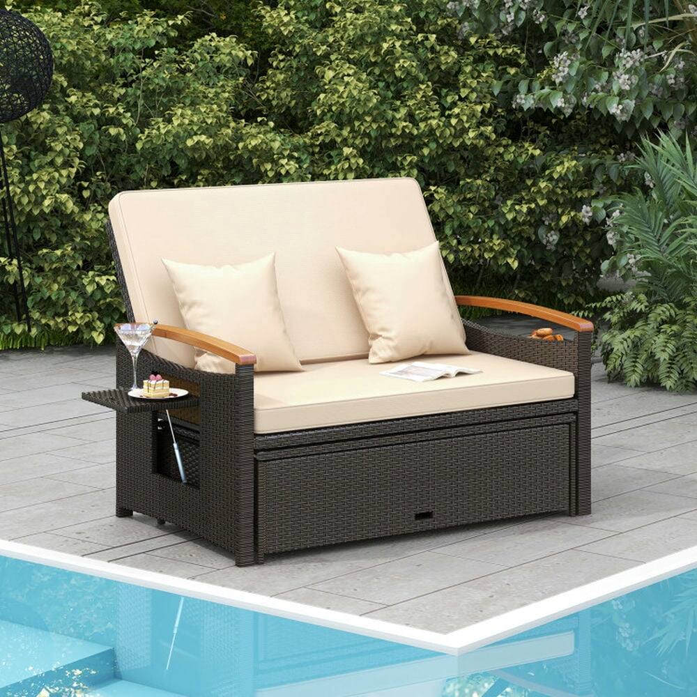 Alt View 5. Pefilos - Outdoor 3-In-1 Versatile Wicker Daybed with 4 Backrest Positions, Daybed with Foldin Panels and Storae Ottoman, - Beige.