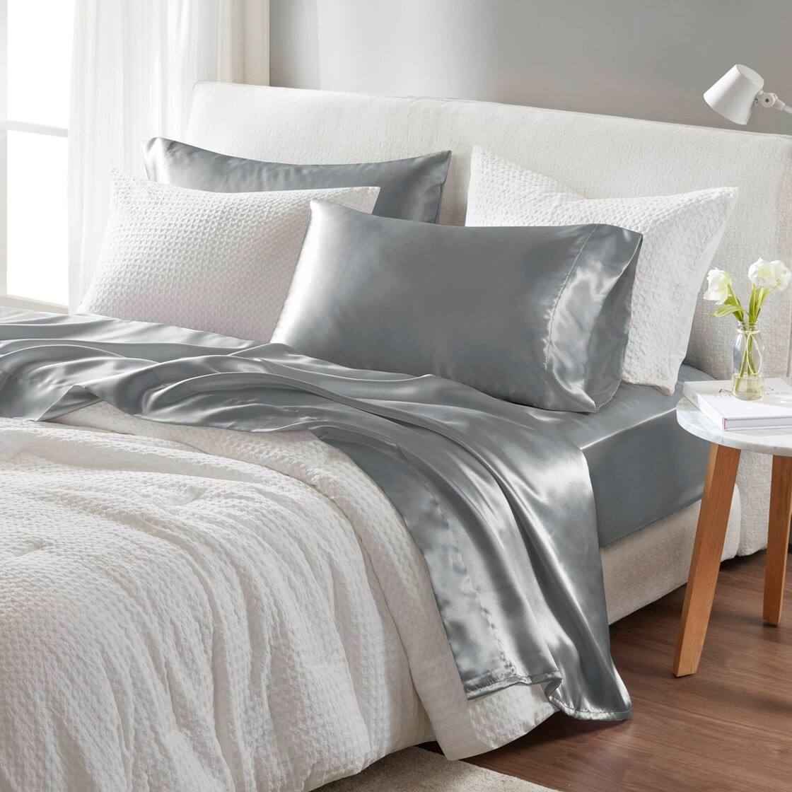 Alt View 2. Gracie Mills - Gracie Mills Coralie 6-Piece Wrinkle-free Satin Sheet Set - Grey.