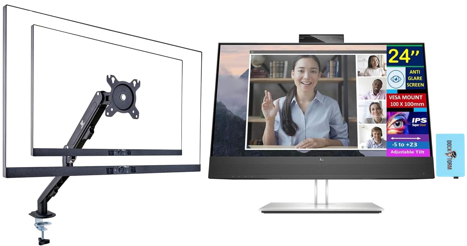 HP - E24mv G4 24" Monitor, Anti-Glare, Flicker-free, HDMI (169L0AA#ABA) w/DKZ Hub & ErgoFlexy Single Mount Arm - Black/Silver