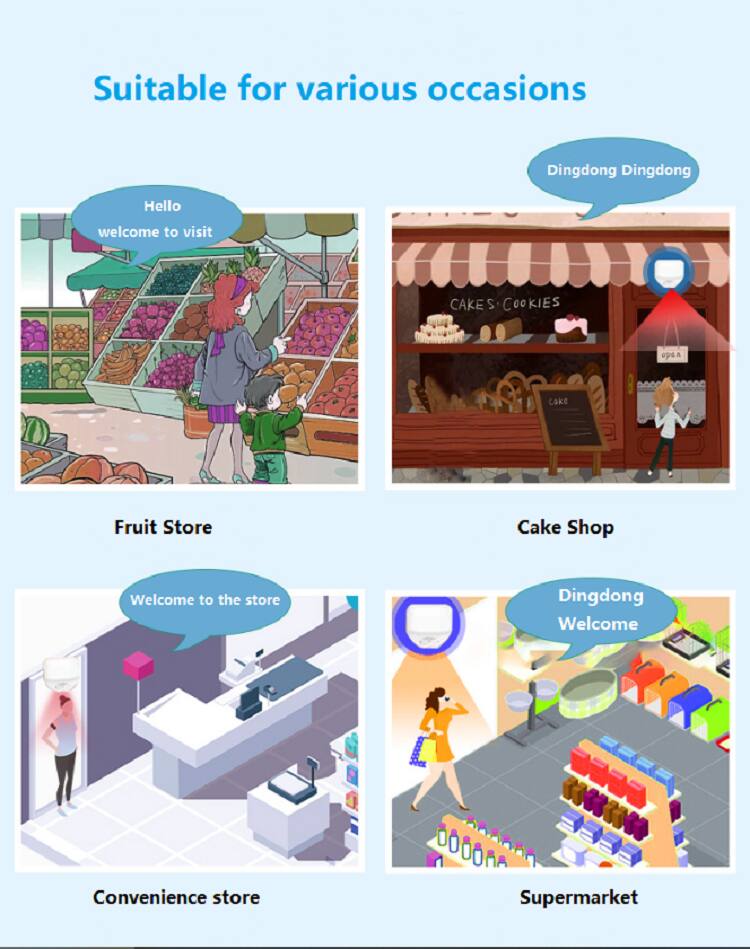 Suitable for various occasions

- Fruit Store
  - Hello, welcome to visit

- Cake Shop
  - Dingdong Dingdong

- Convenience store
  - Welcome to the store

- Supermarket
  - Dingdong Welcome
