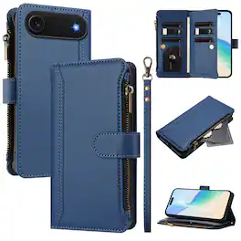 Dteck - Crossbody Wallet Case for Apple iPhone Air, Shockproof Zipper PU Leather Flip Stand Cover with 9 Card Slots - Darkblue