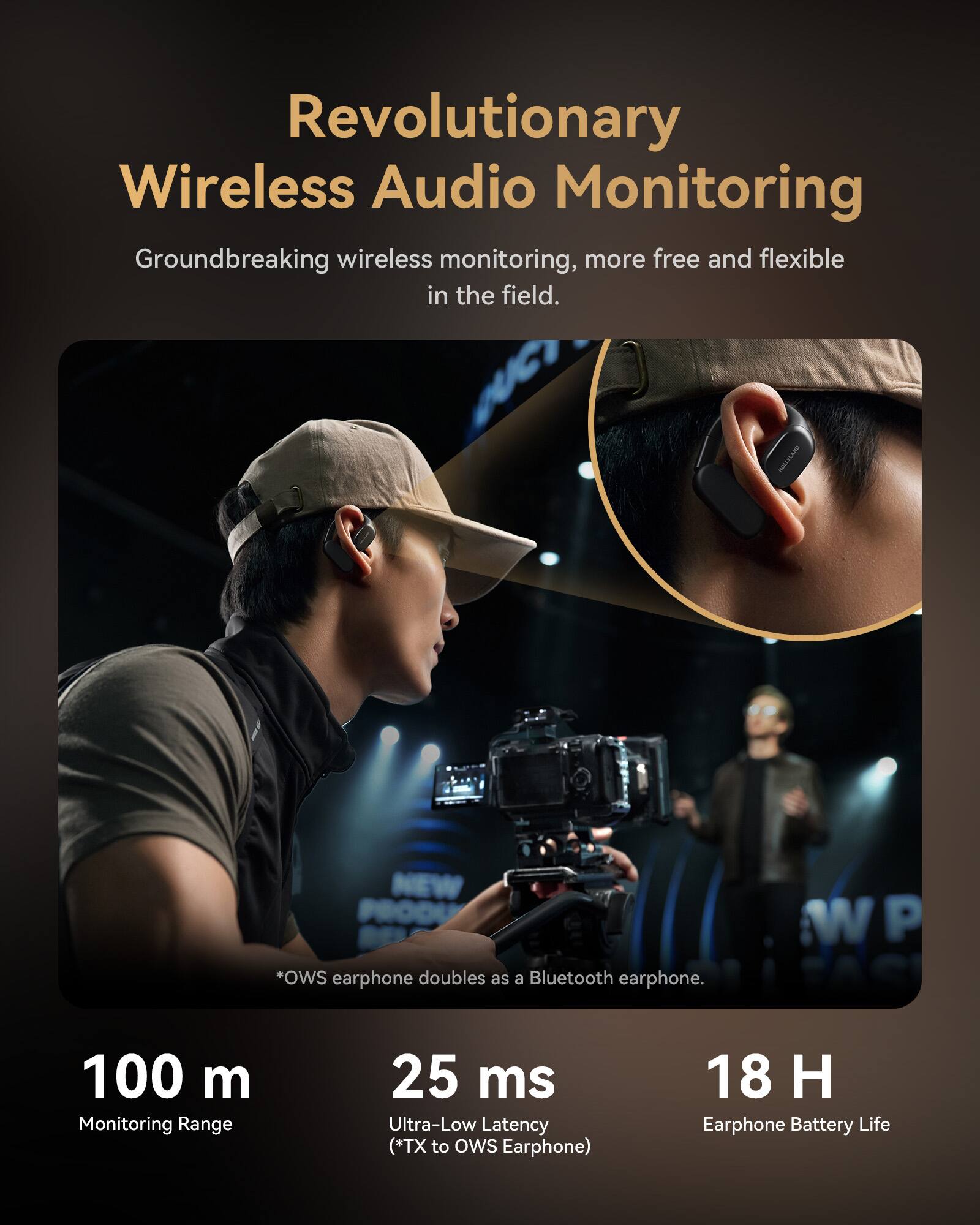 Revolutionary Wireless Audio Monitoring

Groundbreaking wireless monitoring, more free and flexible in the field.

OUC MA *OWS earphone doubles as a Bluetooth earphone.

100 m Monitoring Range

25 ms Ultra-Low Latency (*TX to OWS Earphone)

18 H Earphone Battery Life