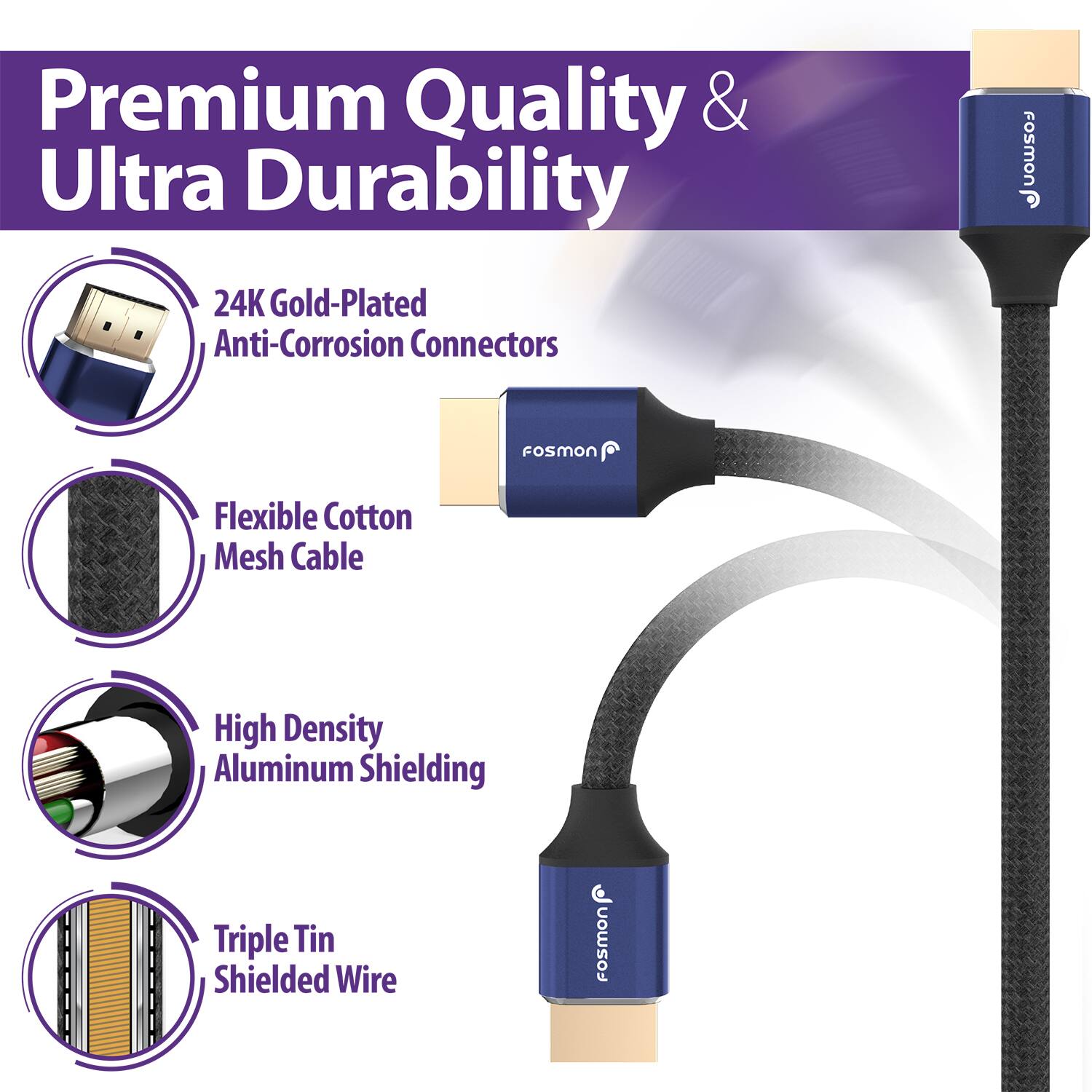 Premium Quality & Ultra Durability

24K Gold-Plated Anti-Corrosion Connectors

Flexible Cotton Mesh Cable

High Density Aluminum Shielding

Triple Tin Shielded Wire

FOSMON