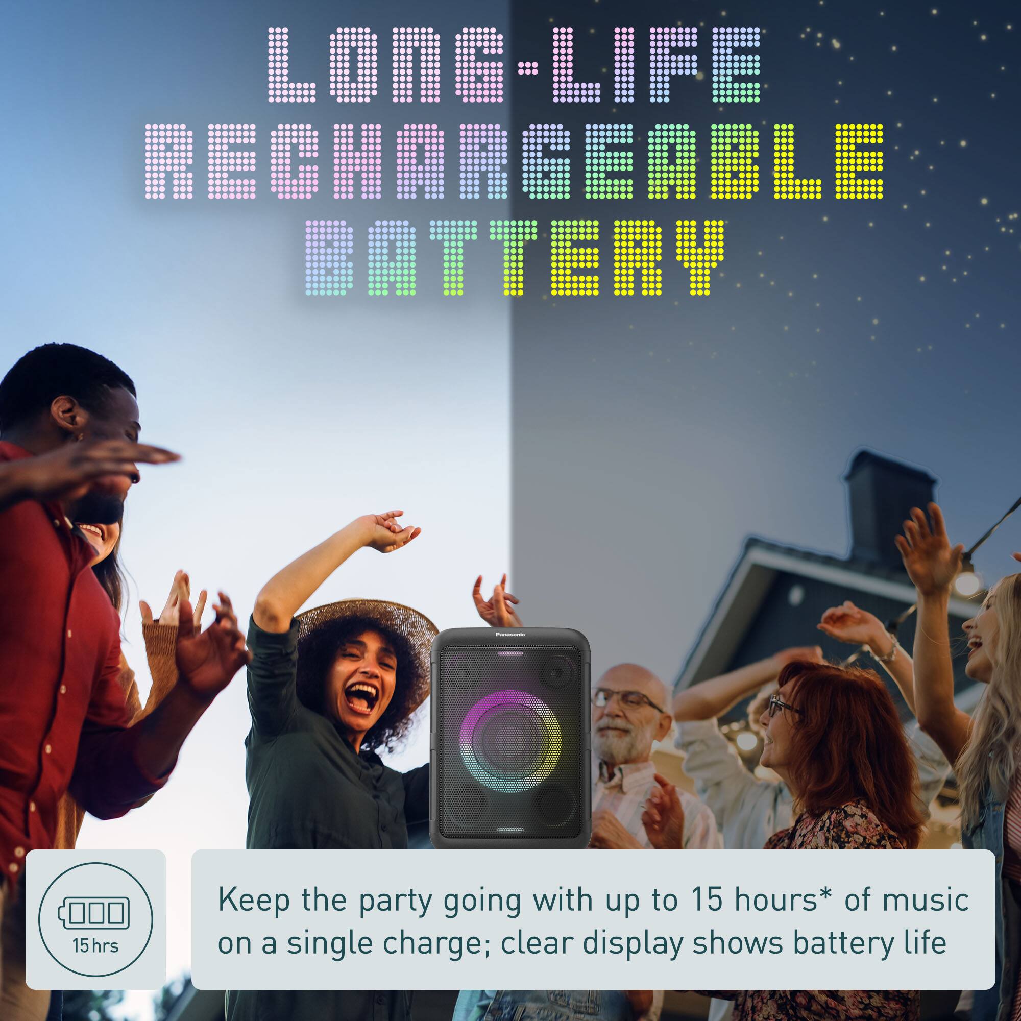 Long-Life Rechargeable Battery: Keep the party going with up to 15 hours of music on a single charge; clear display shows battery life.