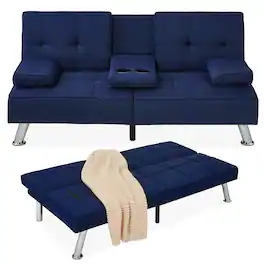 Best Choice Products - Modern Linen Convertible Futon Sofa Bed w/ Removable Armrests, Metal Legs, Cupholders - Dark Blue