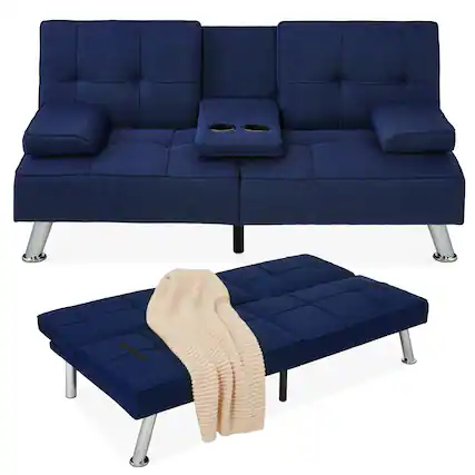Front. Best Choice Products - Best Choice Products Modern Linen Convertible Futon Sofa Bed w/ Removable Armrests, Metal Legs, Cupholders - Dark Blue - Dark Blue.