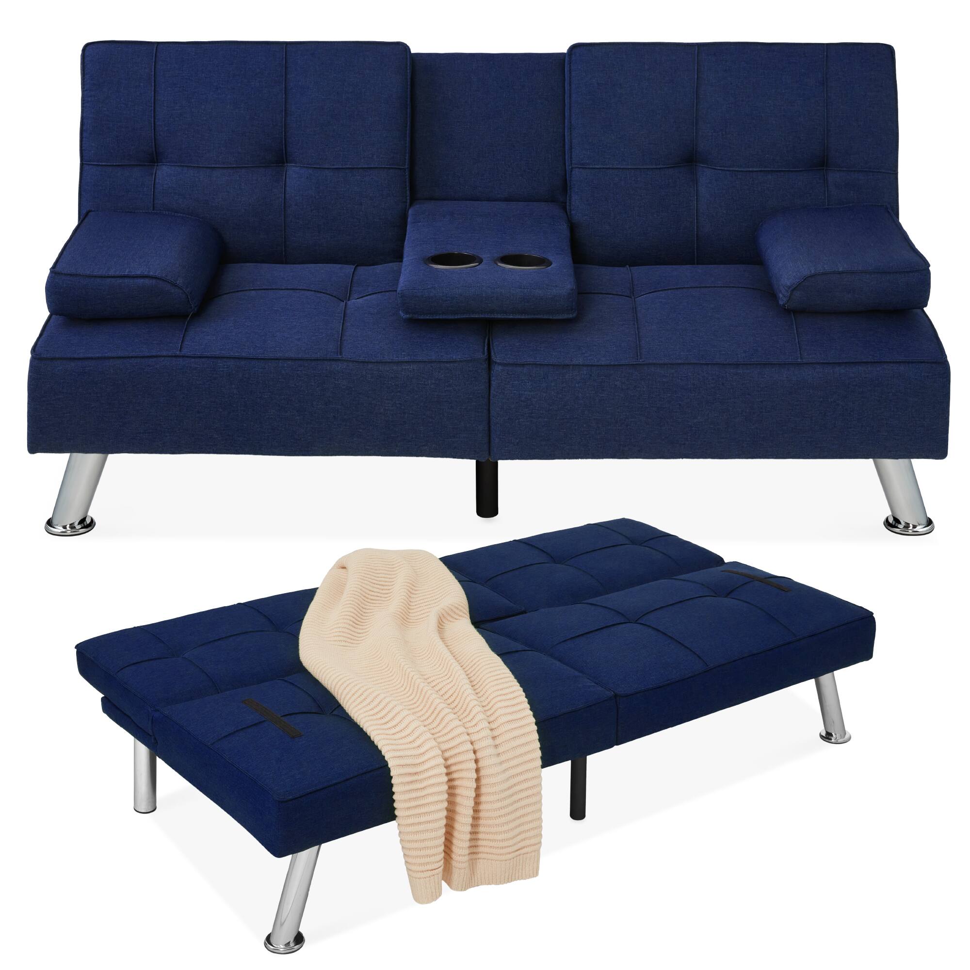 Front. Best Choice Products - Best Choice Products Modern Linen Convertible Futon Sofa Bed w/ Removable Armrests, Metal Legs, Cupholders - Dark Blue - Dark Blue.