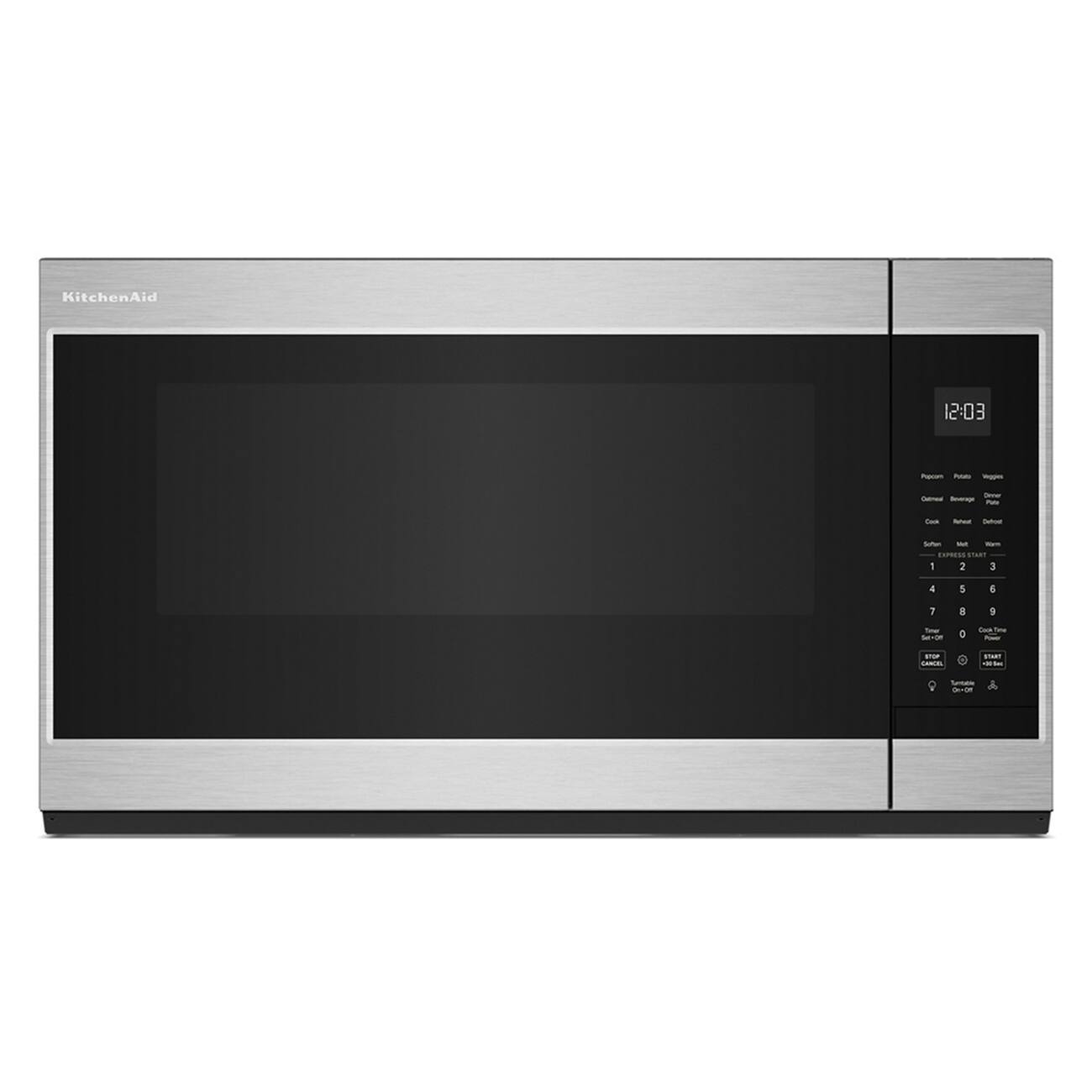 KitchenAid  
12:03  
Popcorn Potato Veggies  
time Catronal Beverage Pota  
Cook  
Reheat Defrost  
Schn WI Mave EXPRESS START 1 2 3 4 5 6 7 8 9 0  
Time 56-34  
DO The Power  
ORICEL  
START +30 0ml  
Turntable Ot=Df