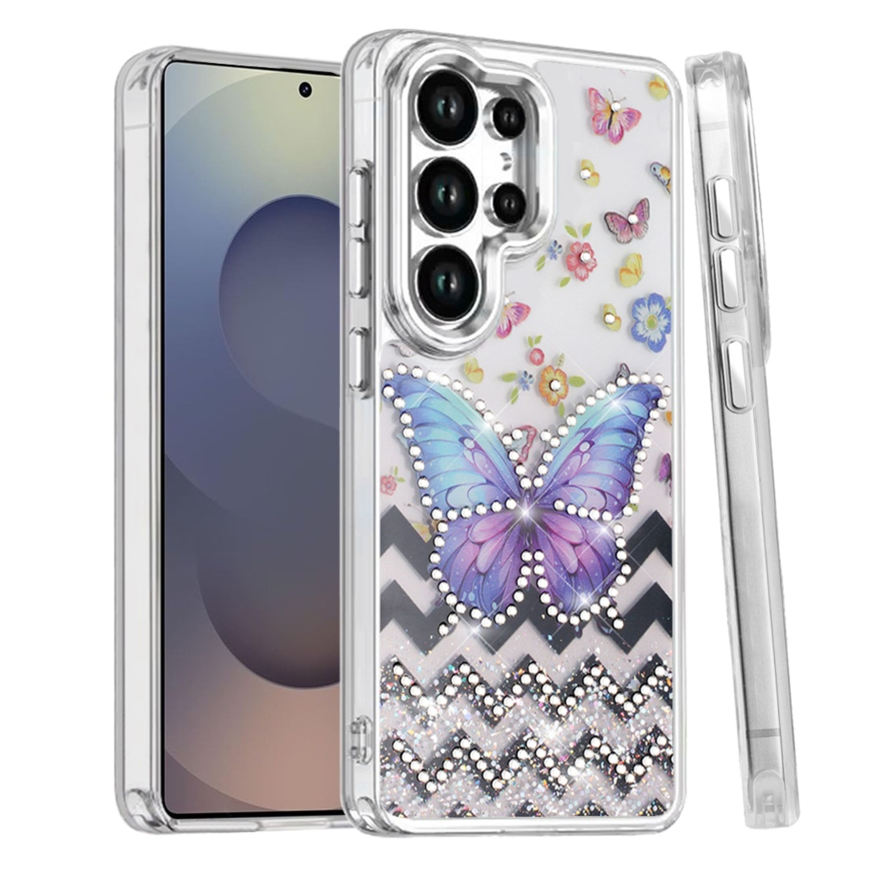 Kitcheniva - Colorful Epoxy Design Plastic Jewels Phone Case With Tempered Glass For Samsung Galaxy S25 Ultra Blue Butterfly - Multicolor price history on PriceWatchPro