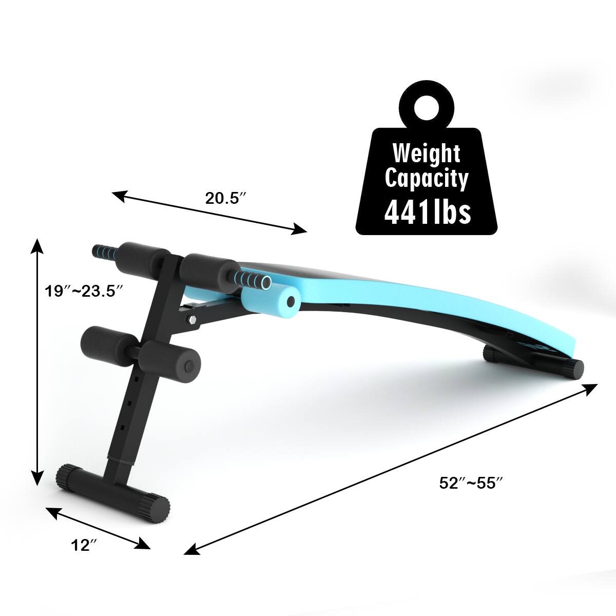 The text on the image reads: "20.5" Weight Capacity 441lbs 19"~23.5" 52"~55" 12".