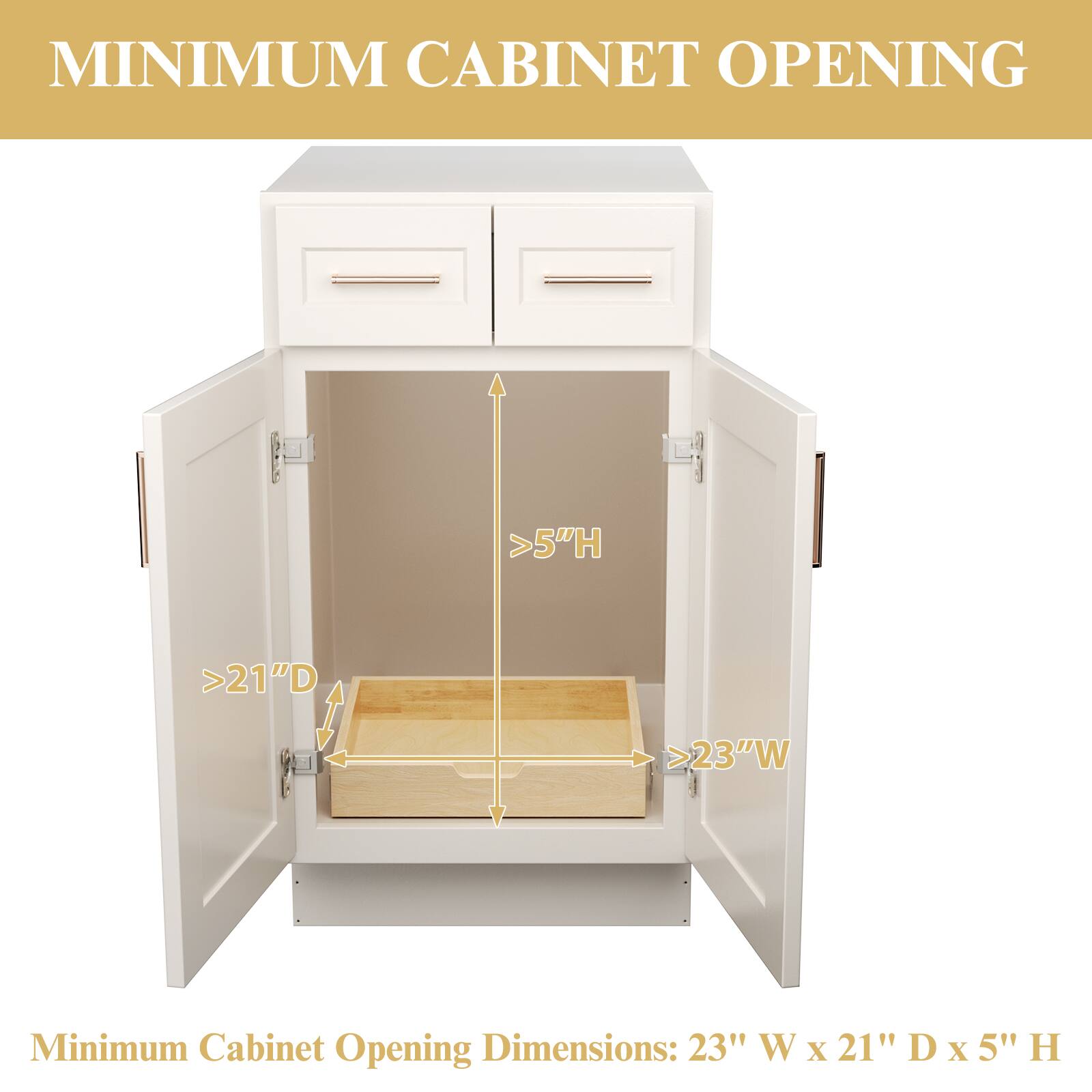 MINIMUM CABINET OPENING

Minimum Cabinet Opening Dimensions: 23" W x 21" D x 5" H

>5"H  
>21"D  
>23"W