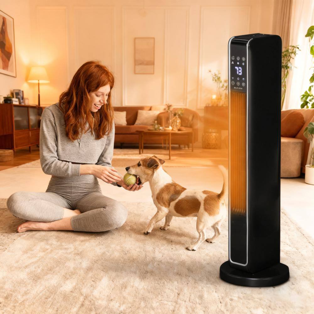 Angle. Breezary - Portable Tower Space Heater with Remote, Oscillating Ceramic Heater, 3 Modes, Thermostat & 8H Timer for Indoor Use - Black Space Heater.
