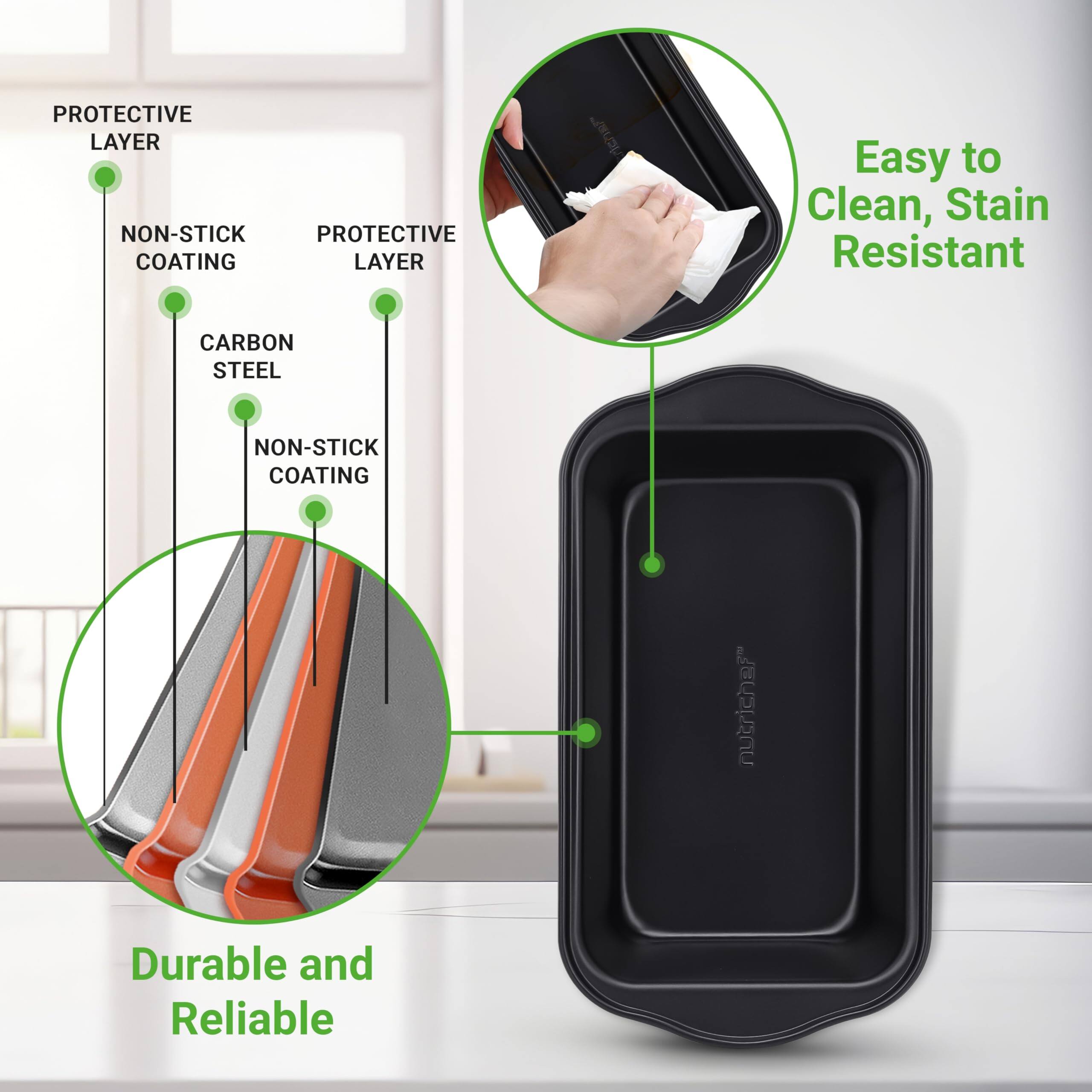 PROTECTIVE LAYER  
NON-STICK COATING  
CARBON STEEL  
NON-STICK COATING  
PROTECTIVE LAYER  

Easy to Clean, Stain Resistant  
Durable and Reliable