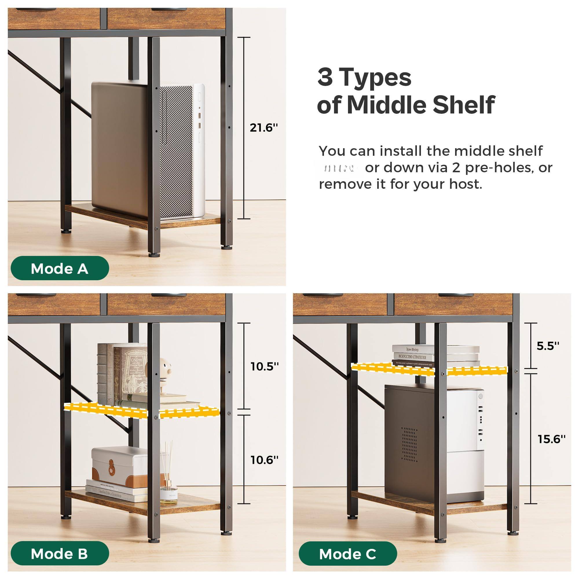 3 Types of Middle Shelf

You can install the middle shelf up or down via 2 pre-holes, or remove it for your host.

Mode A

Mode B

Mode C