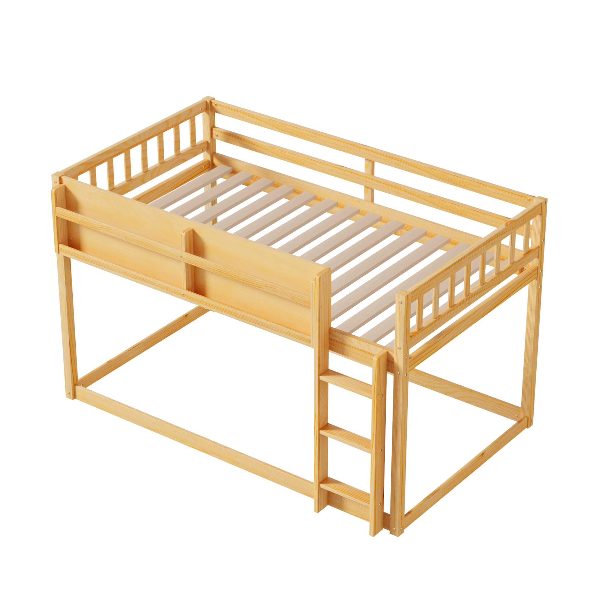 Alt View 7. GOODSILO - Low Twin Over Twin Solid Wood Bunk Bed with Ladder for Kids and Juniors - Natural.