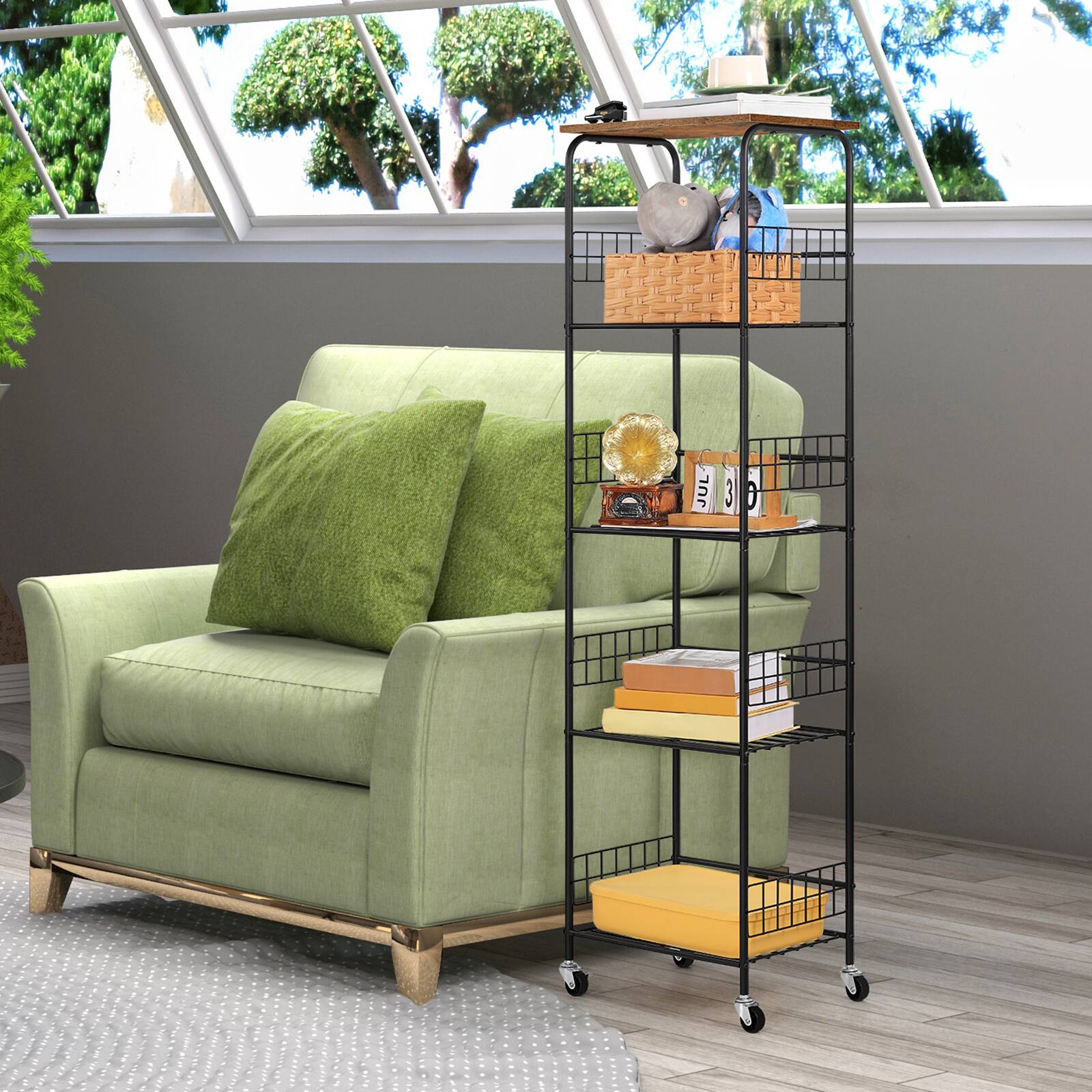 Alt View 1. Oumilen - 5-Tier Wire Storage Shelf with Wood Top, Black Metal Frame & Accessories， Brown - Brown.