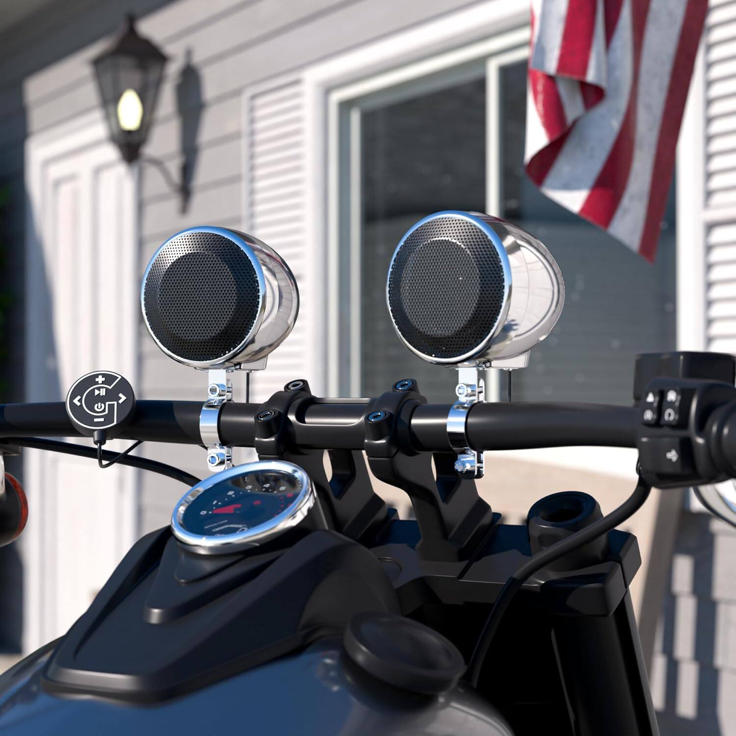 Back. GoHawk - Bluetooth Motorcycle Speakers:  Waterproof 2-Speaker Stereo Audio Sound System w/ Amp FM Radio AUX for ATV Golf Cart - Chrome.