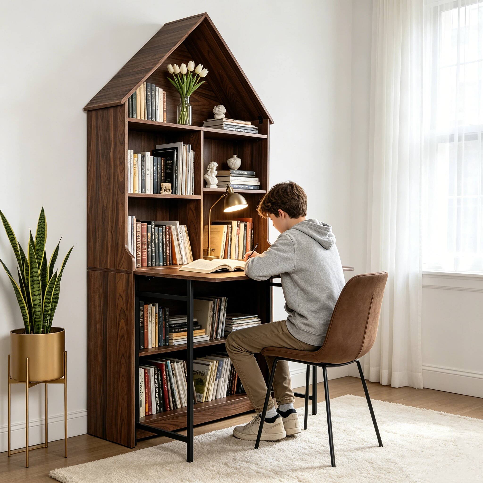Alt View 7. Bestier - Bookcase with Fold Out Desk, 73in Tall Arched Foldable Convertible Writing Table, Space-Saving Storage Cabinet - Walnut.