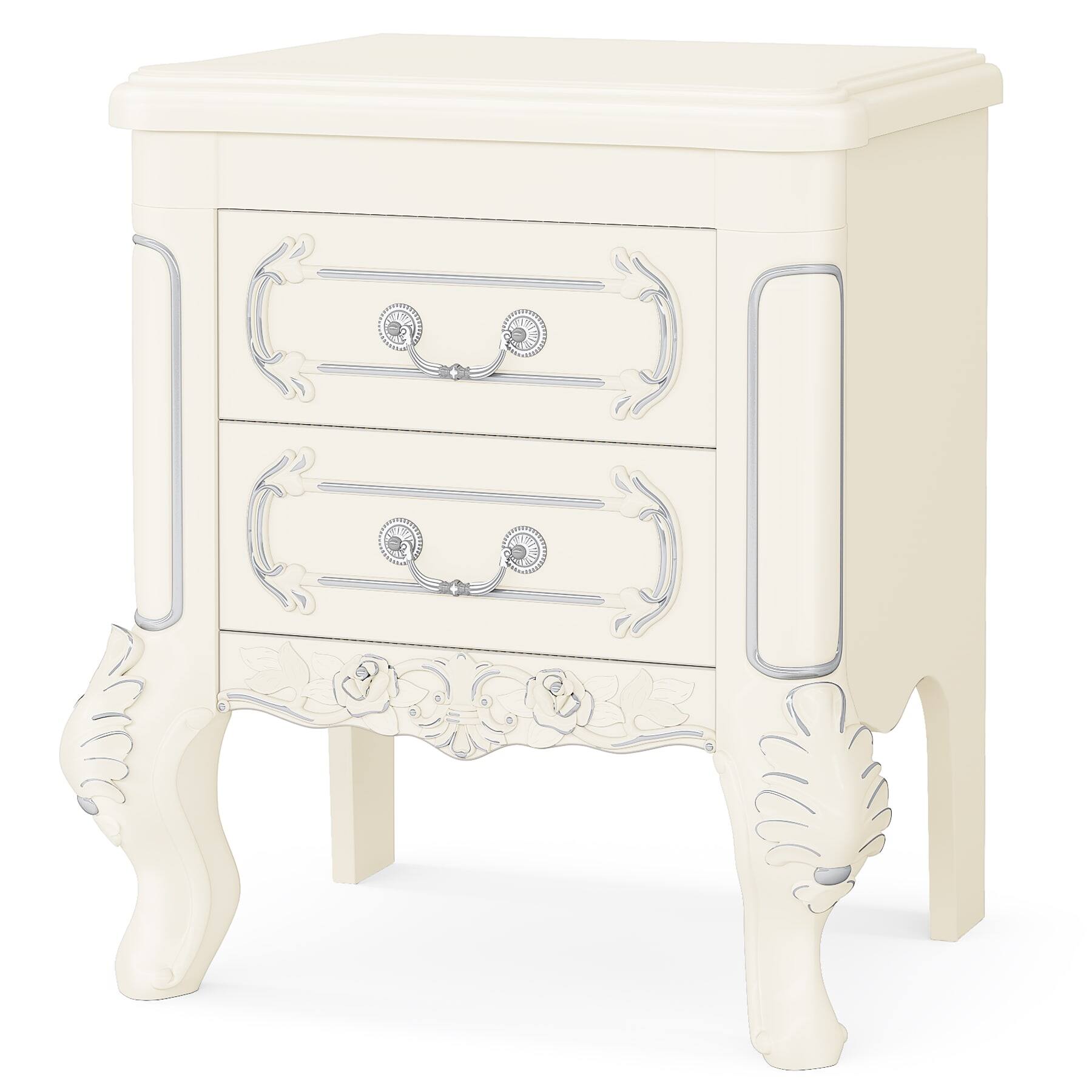 Alt View 4. Kadyn - Kadyn Elegant Carved Nightstand, Dual Drawer End Table for Bedroom, Sturdy & Stylish, White - White.