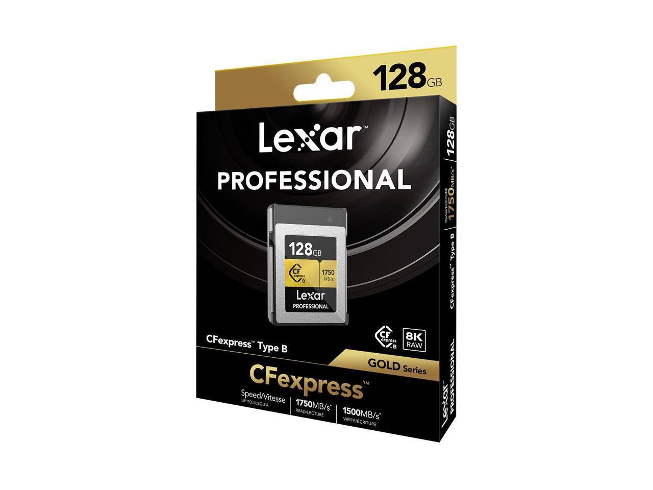 128GB Lexar PROFESSIONAL CFexpress Type B RAW GOLD Series Speed/Vitesse UP CFexpress 1750MB/s READ/LECTURE 1500MB/s WRITE/ECRITURE