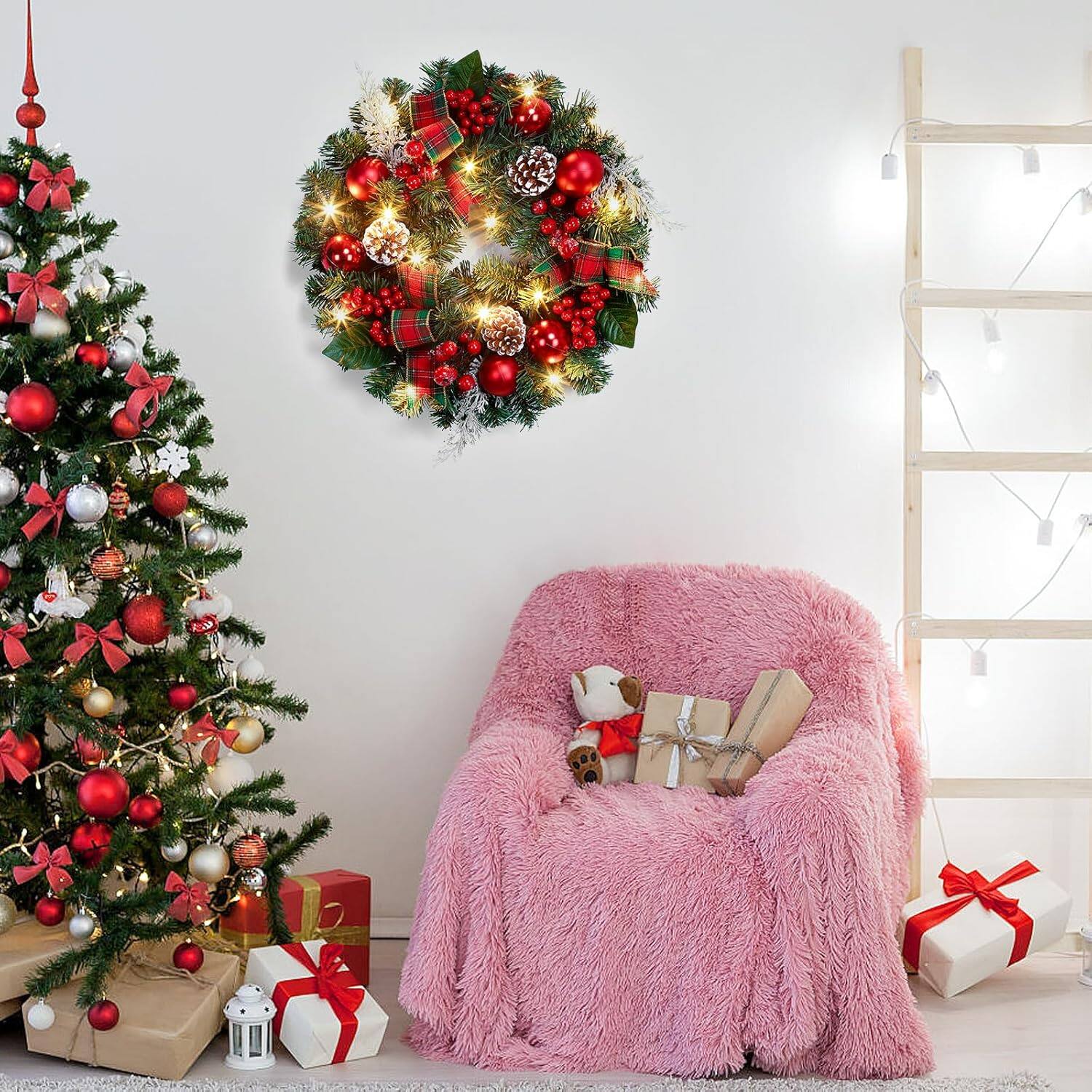 Alt View 6. Acekool - 18" Pre-Lit Christmas Wreath for Front Door, Artificial Pine with Red Berries, Pinecones, Ornaments & Festive Ribbon - Green.