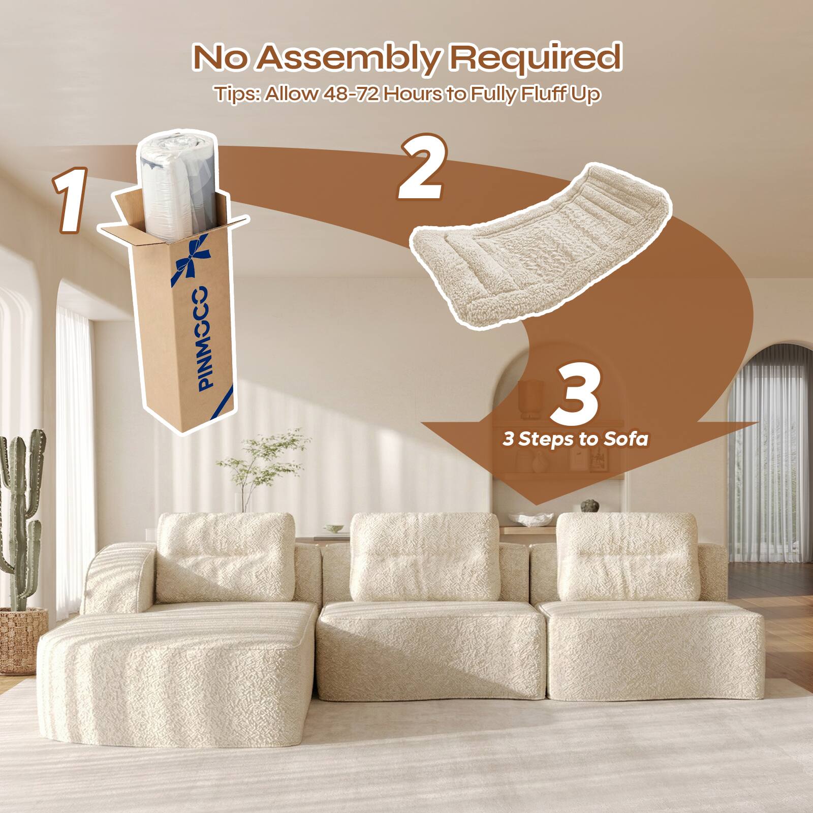 1. No Assembly Required
   Tips: Allow 48-72 Hours to Fully Fluff Up

2. PINMOCC

3. 3 Steps to Sofa