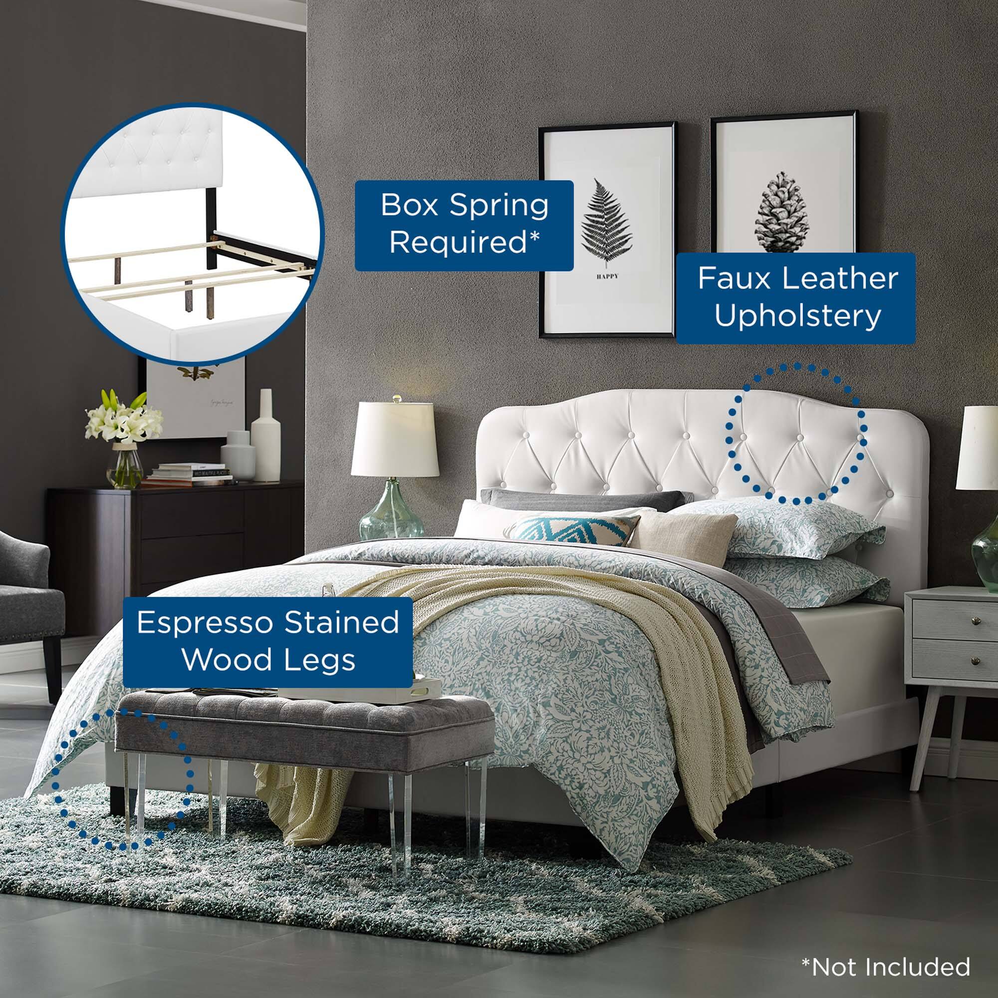 Box Spring Required*  
Faux Leather Upholstery  
Espresso Stained Wood Legs  
*Not Included