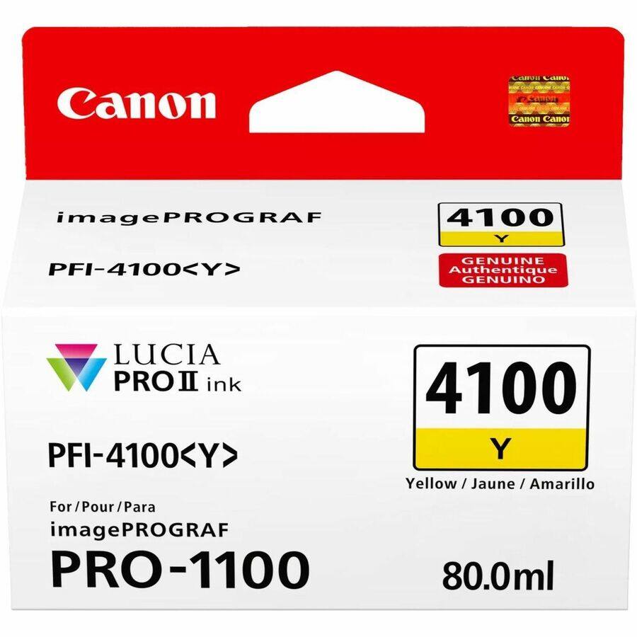 Canon  
imagePROGRAF  
PFI-4100<Y>  

LUCIA PRO II ink  
PFI-4100<Y>  

For / Pour / Para  
imagePROGRAF  
PRO-1100  

4100 Y  
GENUINE Authentique GENUINO  

4100 Y  
Yellow / Jaune / Amarillo  

80.0ml