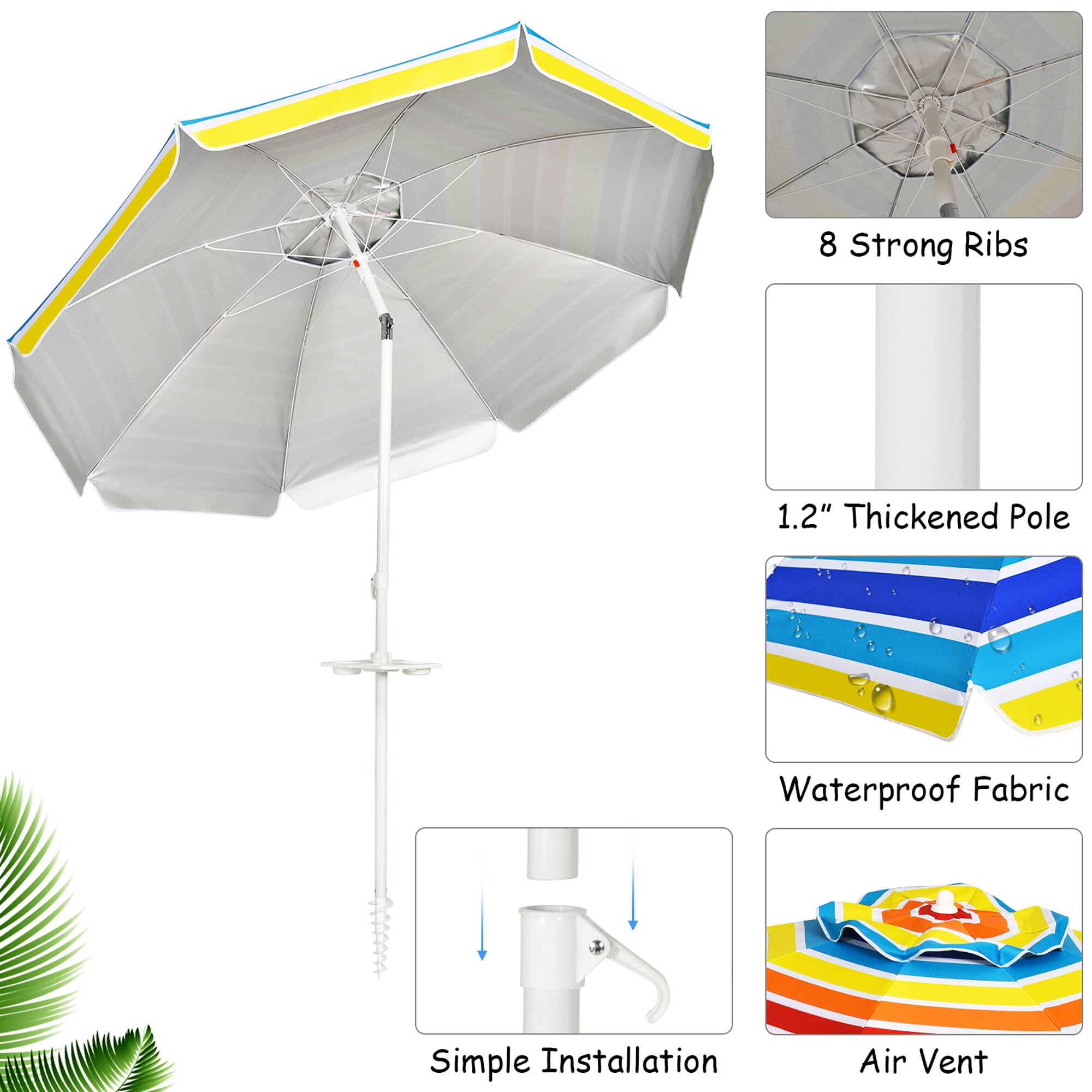 The text on the image is grouped as follows:

1. Features:
* 8 strong ribs
* 1.2" thickened pole
* Waterproof fabric
* Simple installation
* Air vent

This grouping is based on the main features of the umbrella, which are described in the image.