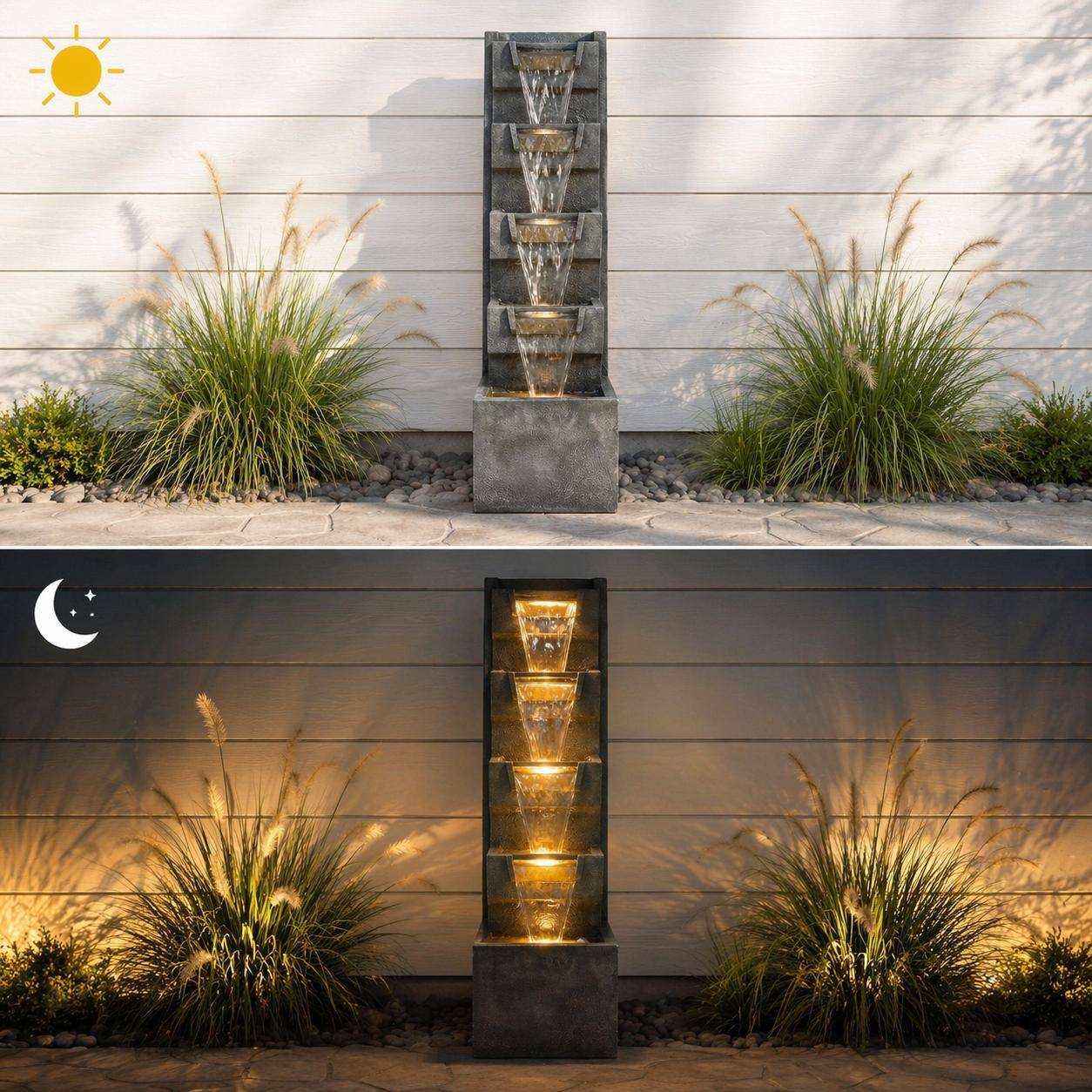 Alt View 1. RYHNUYNE - 39.4" Tall 4-Tier Outdoor Cascading Water Fountain with Warm LED Lights – Stone-Look Resin Water Feature with Quiet Pump.