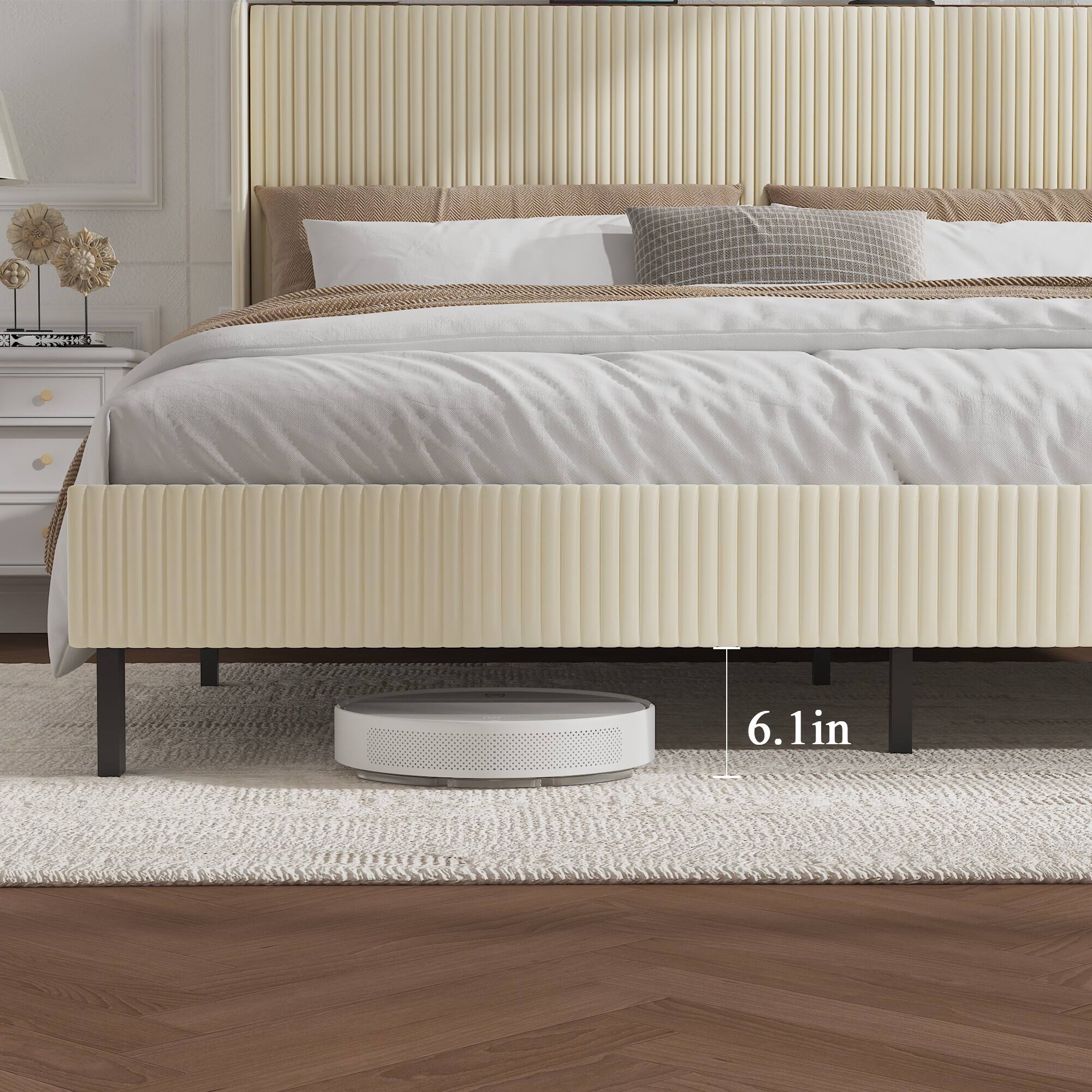 Alt View 2. LUCKY ONE - King Size Platform Bed , Metal Bed Frame with Charging Station - Beige.