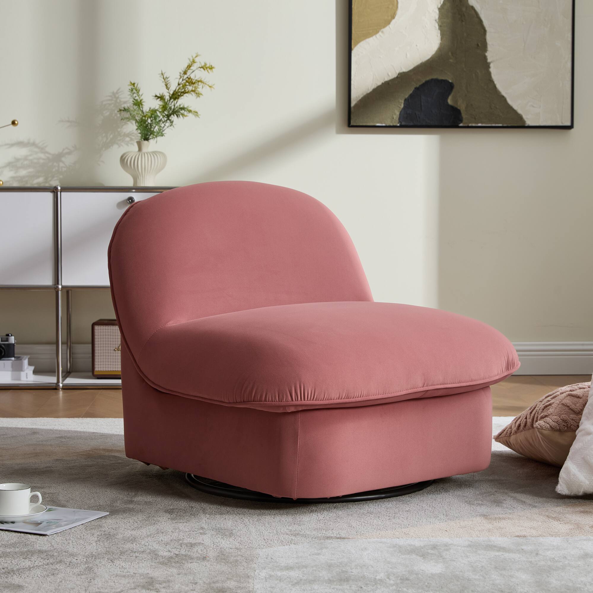 Angle. GOODSILO - Pumpkin-Shaped Velvet Swivel Accent Chair with 360-Degree Rotation for Living Room, Bedroom, or Office - Coral.