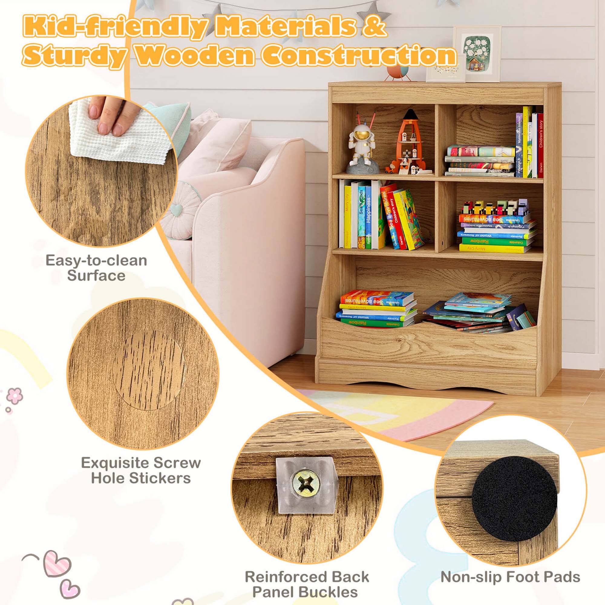 Kid-friendly Materials & Sturdy Wooden Construction | Easy-to-clean Surface | Exquisite Screw Hole Stickers | Reinforced Back Panel Buckles | Non-slip Foot Pads