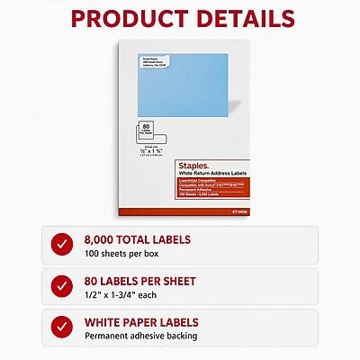 PRODUCT DETAILS

- 8,000 TOTAL LABELS
- 100 sheets per box
- 80 LABELS PER SHEET
- 1/2" X 1-3/4" each
- WHITE PAPER LABELS
- Permanent adhesive backing