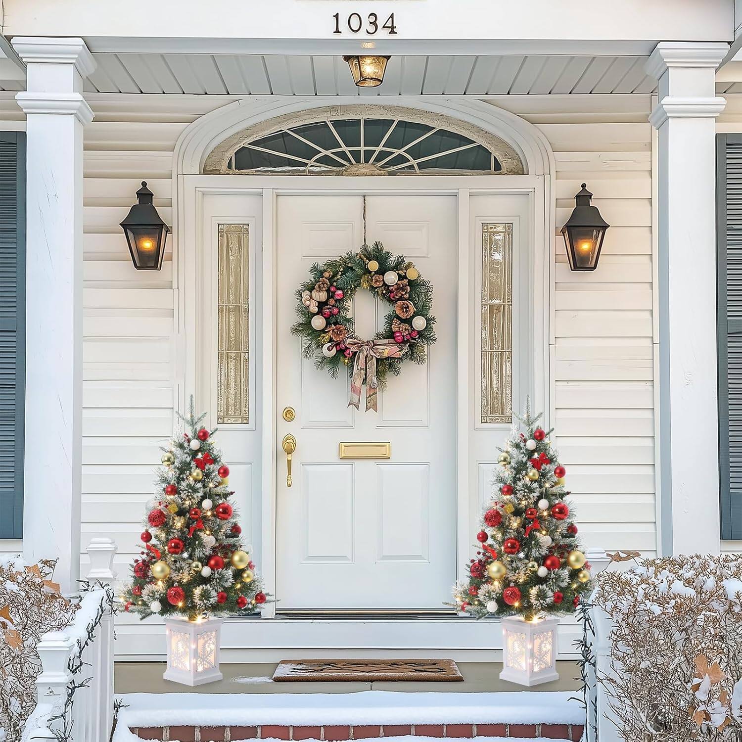 Left. GARVEE - 2 Pack 3FT Prelit Christmas Xmas Tree Flocked Snow 78 Warm White LED Lights 8 Lighting Modes with Snow lightbox Base - green.