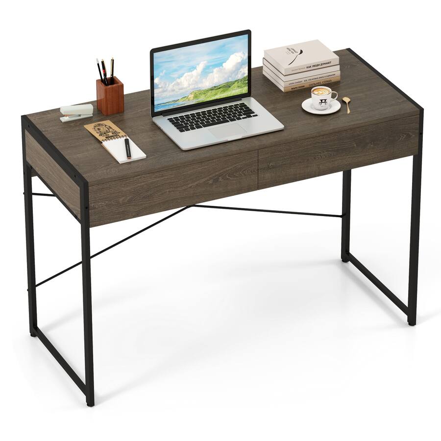Gymax Modern 2 Drawer Computer Desk w/ Reinforced Heavy Duty Metal ...