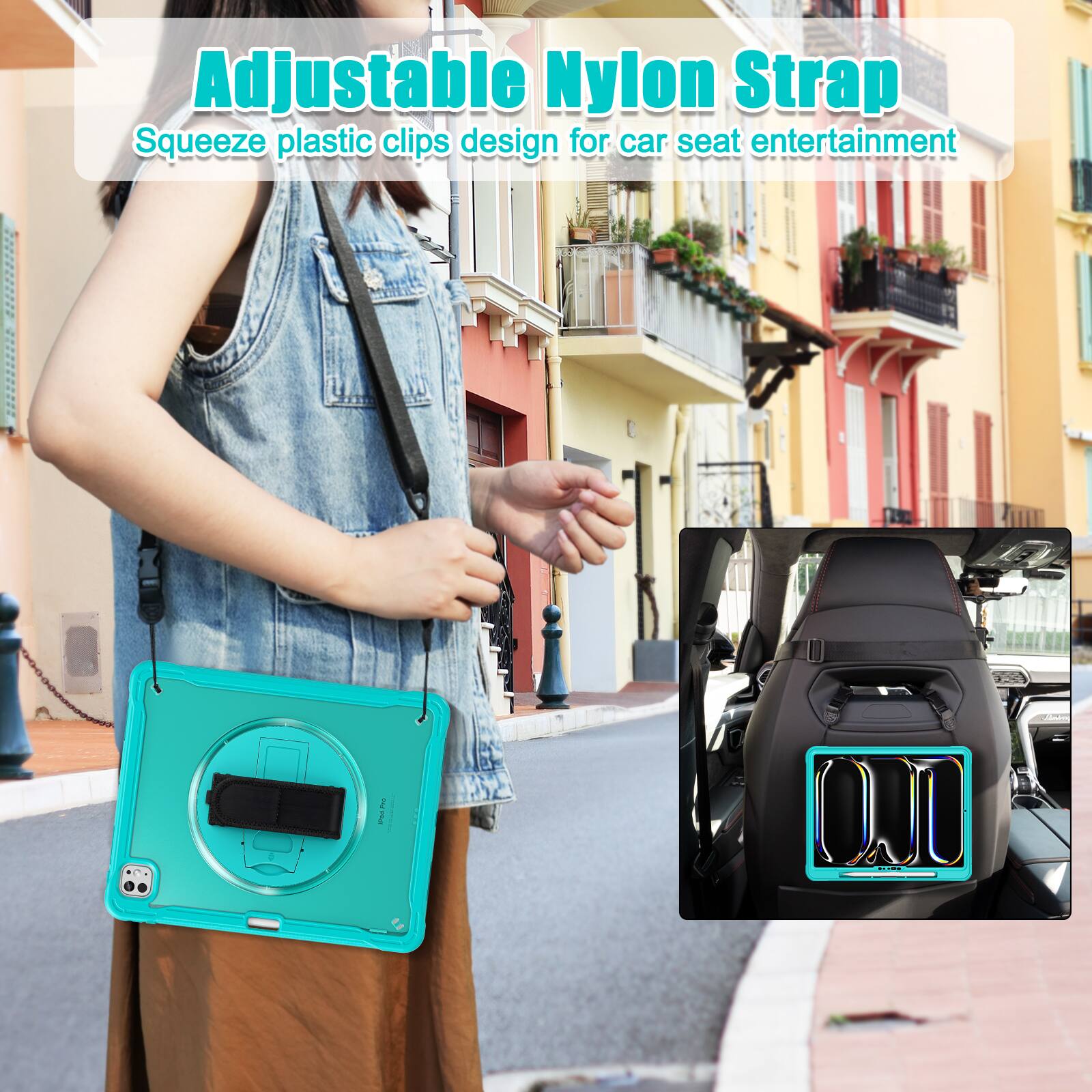 Adjustable Nylon Strap  
Squeeze plastic clips design for car seat entertainment