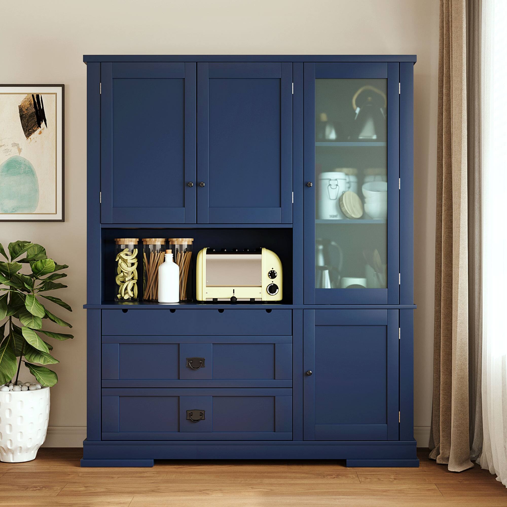 Angle. Whisen - 63" W Kitchen Buffet with Hutch, Storage Pantry Cabinet with Microwave Workstation & 3 Drawers - Blue.