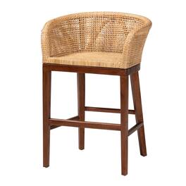 bali & pari - Papua Modern Bohemian Natural Rattan and Walnut Acacia Wood Counter Stool - Natural Brown/Walnut Brown