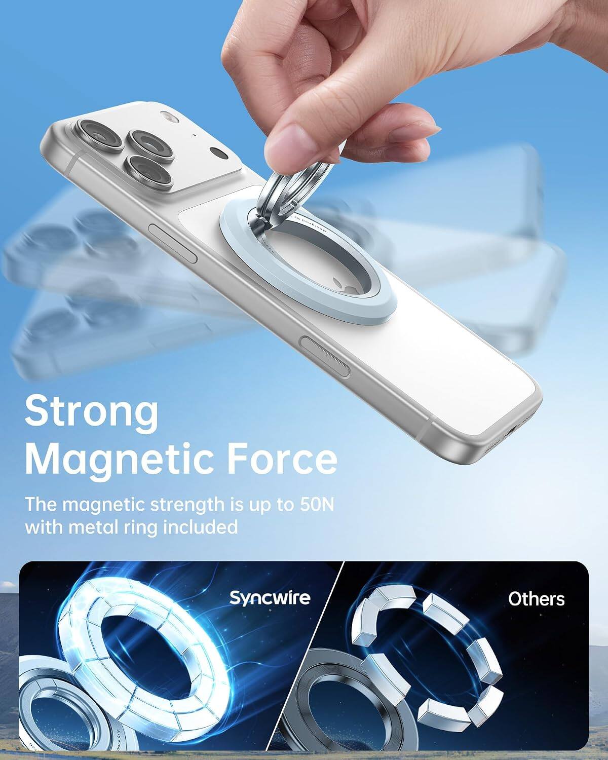 Strong Magnetic Force  
The magnetic strength is up to 50N with metal ring included  

Syncwire  
Others