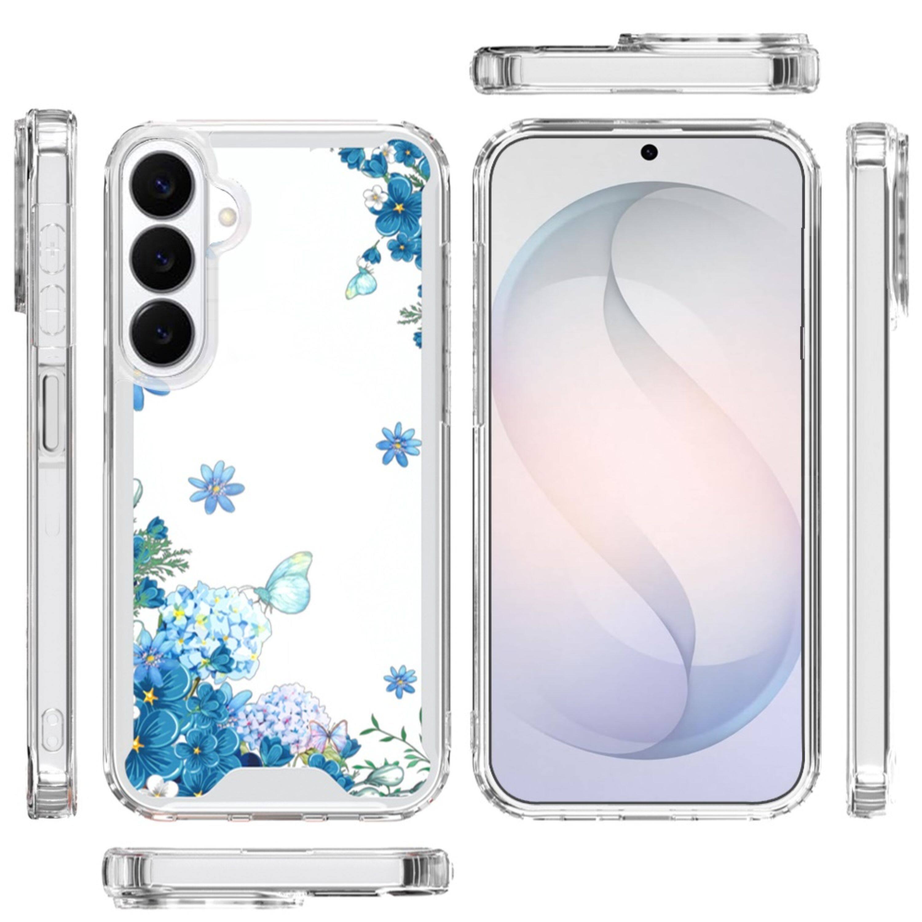 Left. Kitcheniva - Cute Print Design On Clear TPU Cover Plus Tempered Glass For Samsung S26 FE Blue Floral - Multicolor.