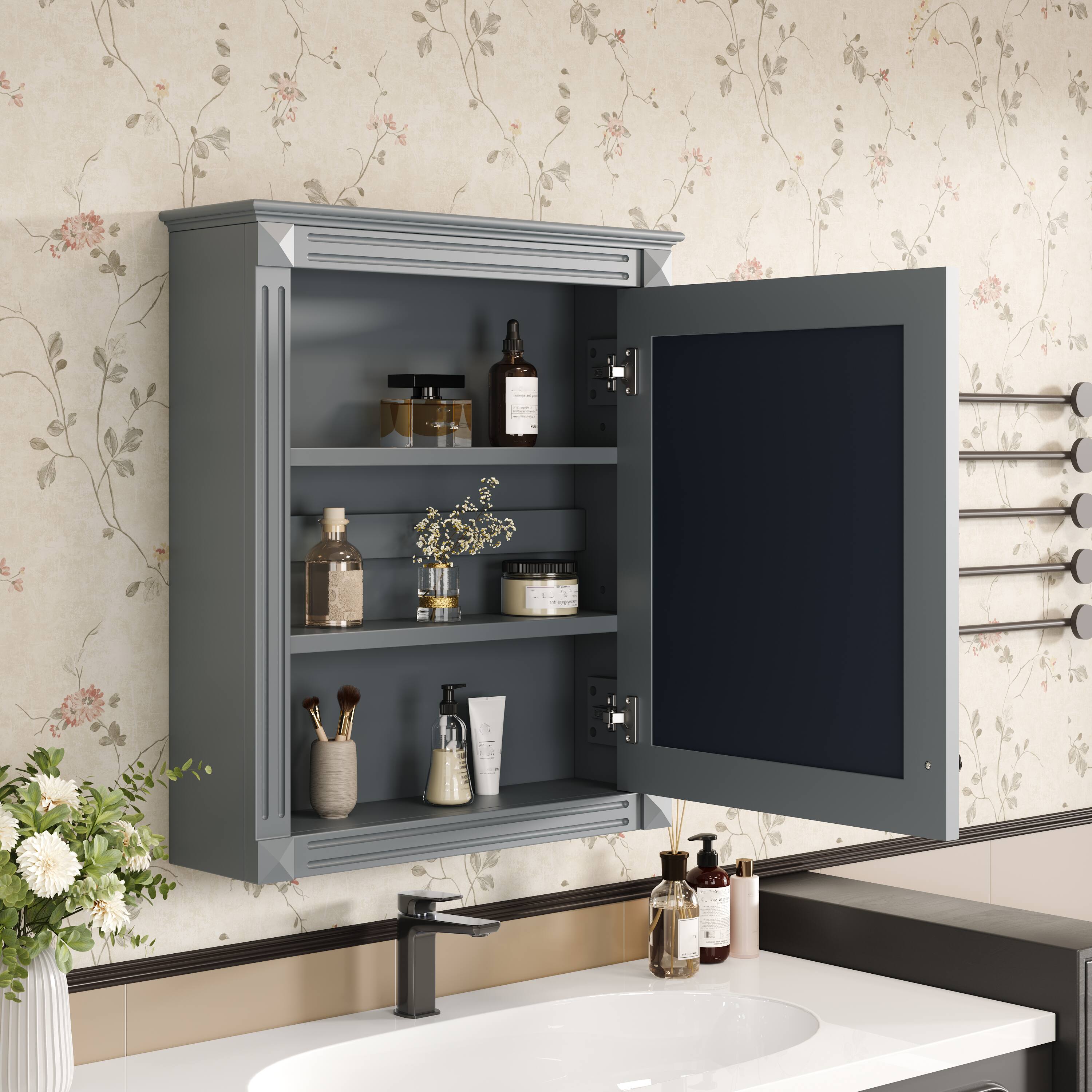 Angle. Z-Edge - 24'' x 27'' Wall Mounted Bathroom Storage Cabinet with Mirror, Medicine Cabinet with Height Adjustable Shelf - Gray.