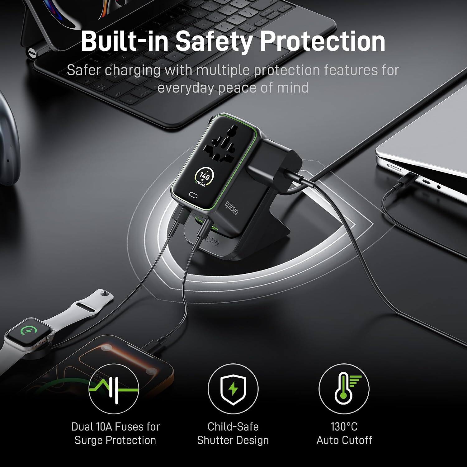Built-in Safety Protection  
Safer charging with multiple protection features for everyday peace of mind  

- Dual 10A Fuses for Surge Protection  
- Child-Safe Shutter Design  
- 130°C Auto Cutoff