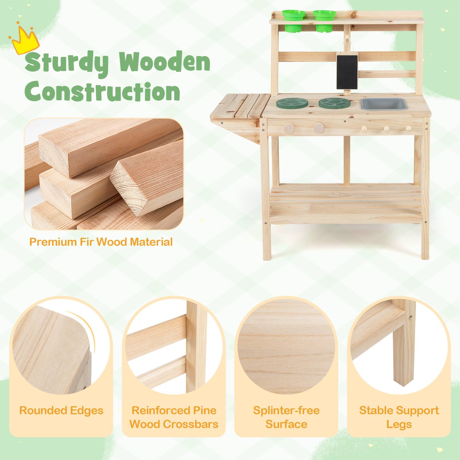 Sturdy Wooden Construction

- Premium Fir Wood Material
- Rounded Edges
- Reinforced Pine Wood Crossbars
- Splinter-free Surface
- Stable Support Legs