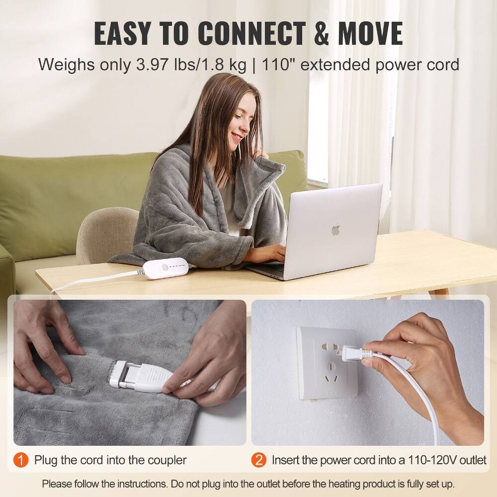 EASY TO CONNECT & MOVE  
Weighs only 3.97 lbs/1.8 kg | 110" extended power cord

1. Plug the cord into the coupler
2. Insert the power cord into a 110-120V outlet

Please follow the instructions. Do not plug into the outlet before the heating product is fully set up.