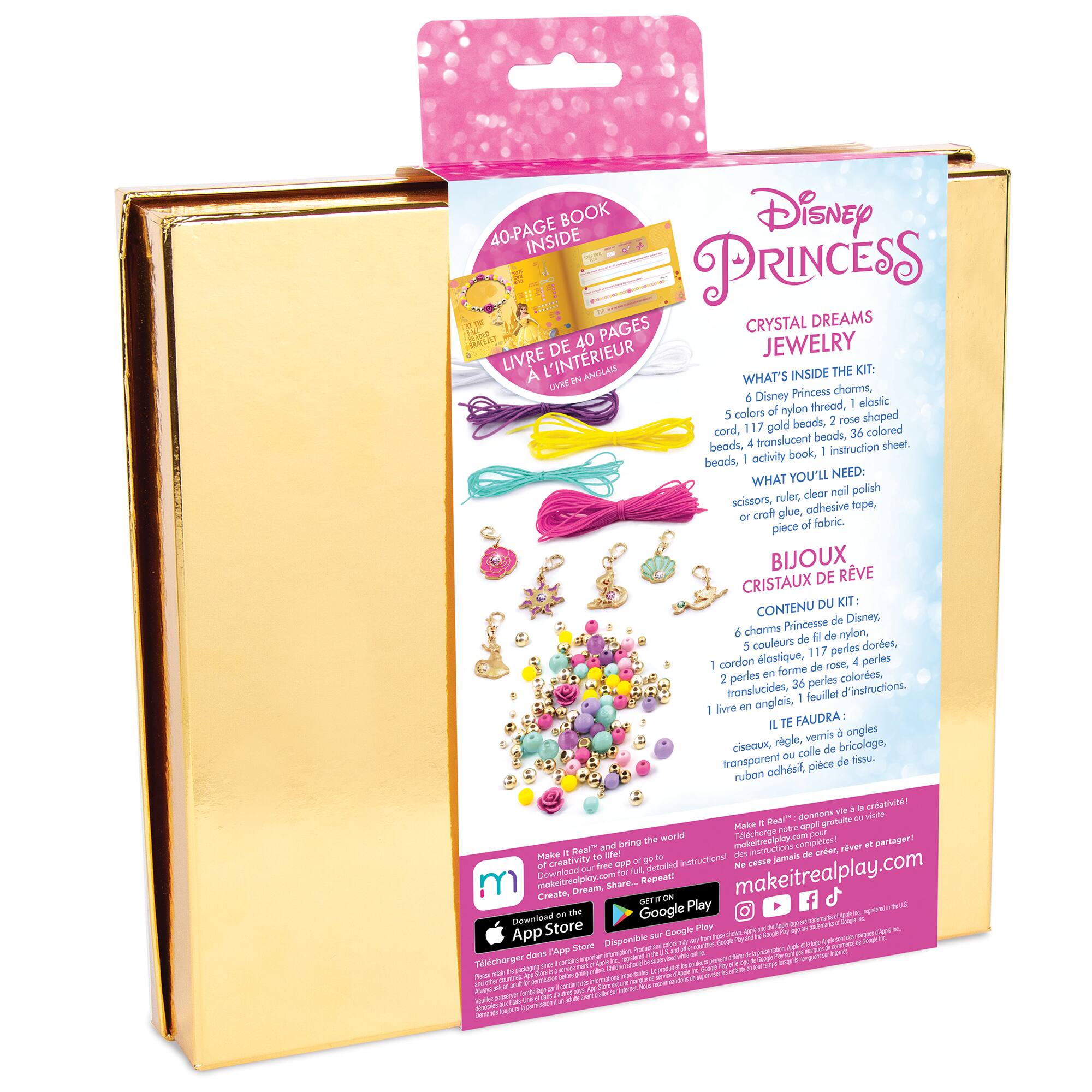 Disney Princess Crystal Dreams Jewelry Kit: 40-page book, Disney Princess charms, 9 colors of nylon beads, 17 gold beads, 36 transparent beads, crochet hook, scissors, nail polish, glue, and a piece of fabric.