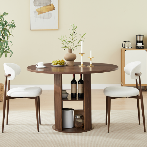 Front. LUCKY ONE - 3-Piece Dining Set with Storage Shelf,47.2" Round Dining Table and 2 Chairs - Walnut.